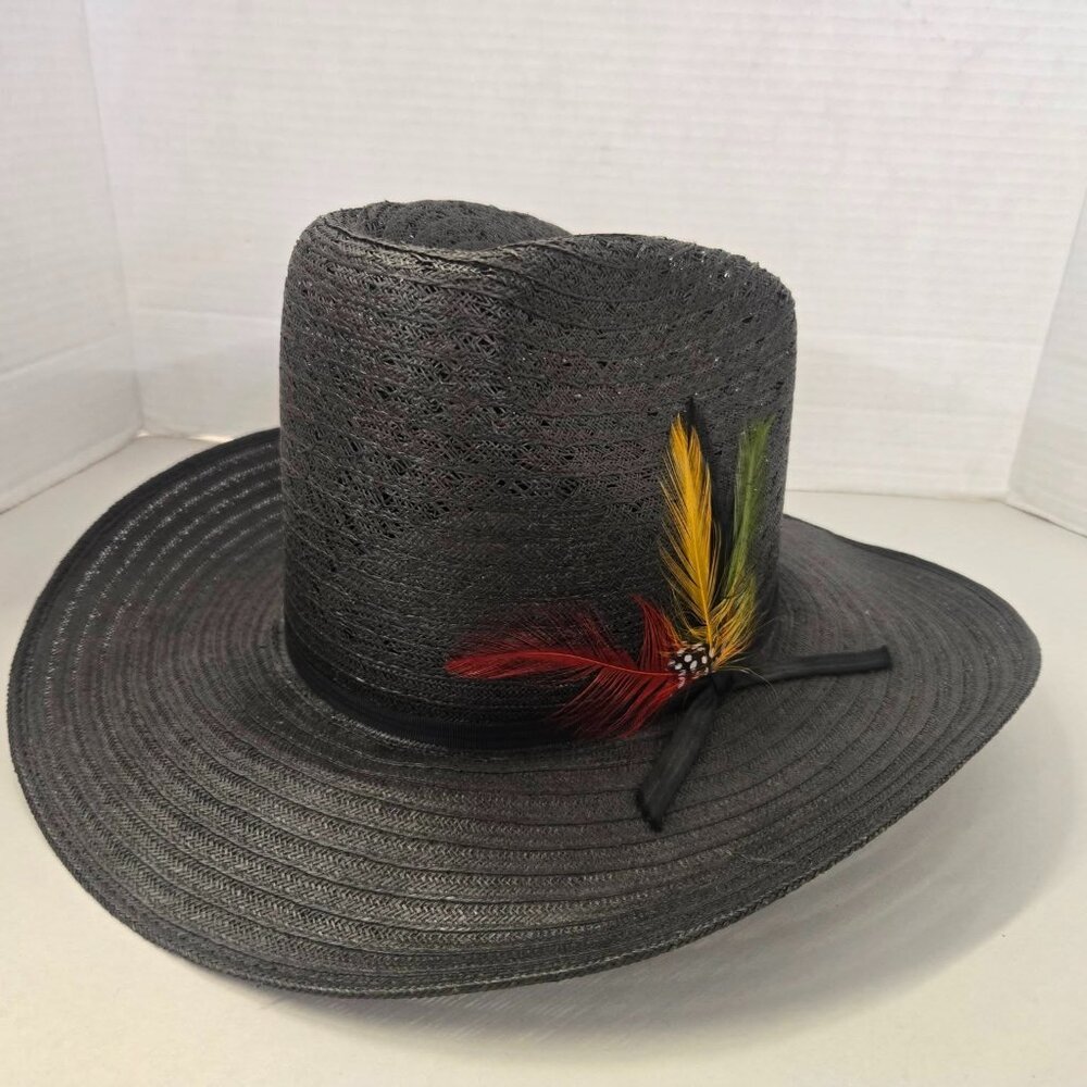 tall vintage Lanning size 6 3/4 cowboy straw western hat with feathers